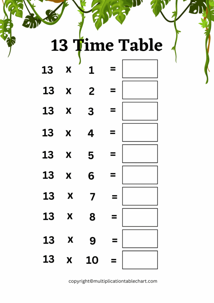 13 Times Table Worksheet 13 Multiplication Table Free PDF