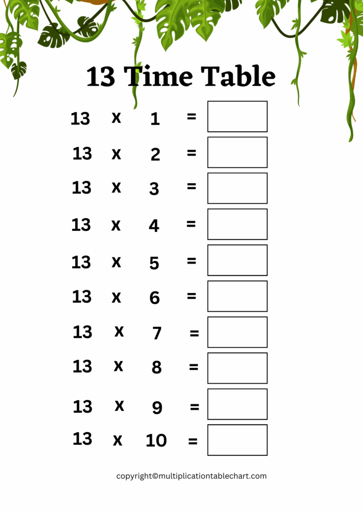 13 Times Table Worksheet Multiplication Table