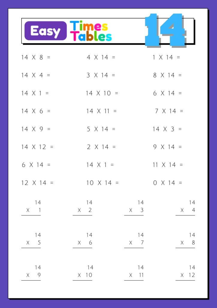 14 Times Table Multiplication Table Of 14 For Children