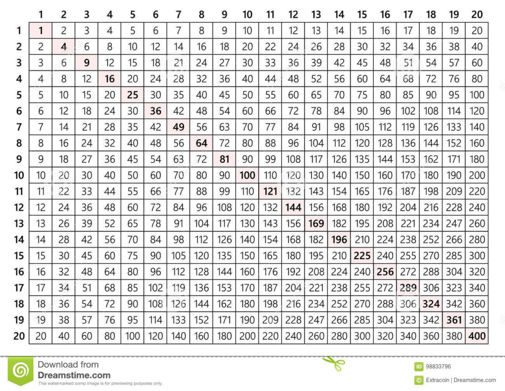 20 X 20 Multiplication Chart Printable