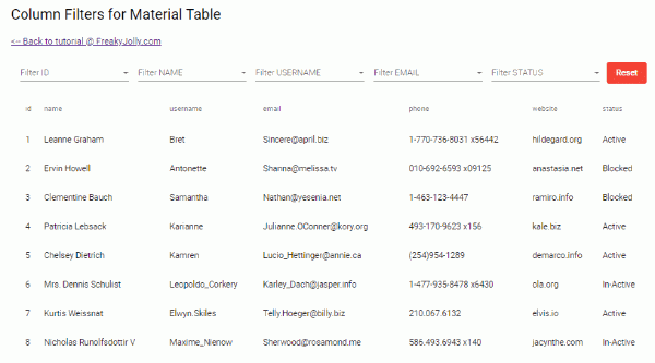 Angular Material 9 8 7 Mat table Multiple Column Filters Using Select Boxes
