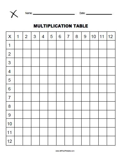 Blank Multiplication Table Free Printable