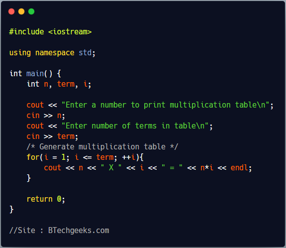 C Program To Print Multiplication Table Of A Number BTech Geeks