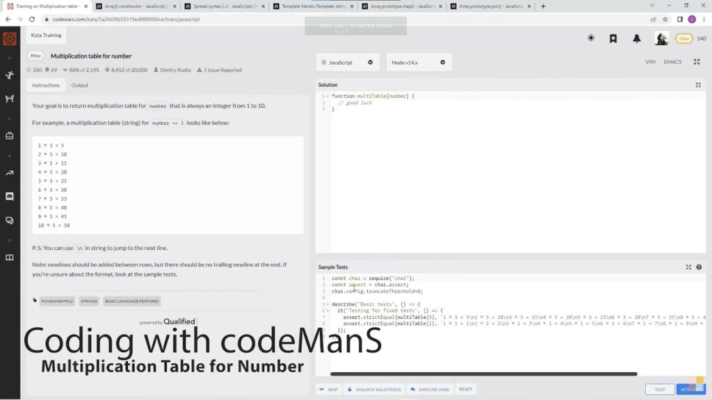 Codewars 8 Kyu Multiplication Table For Number JavaScript YouTube