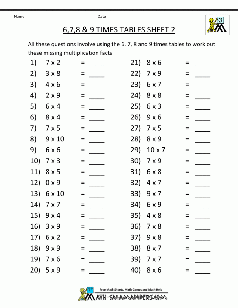 Free math sheets multiplication 6 7 8 9 times tables 2 gif 1000 1 