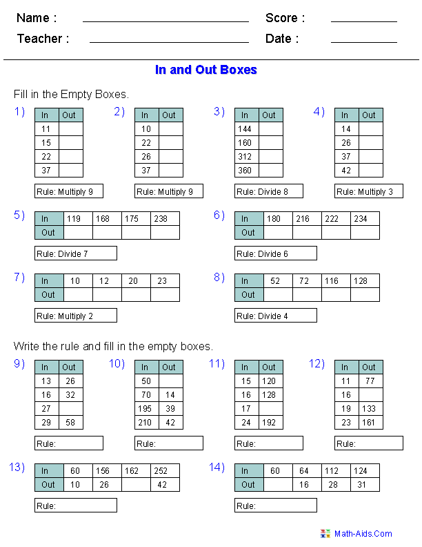 Function Table Worksheets Function Table In And Out Boxes Worksheets