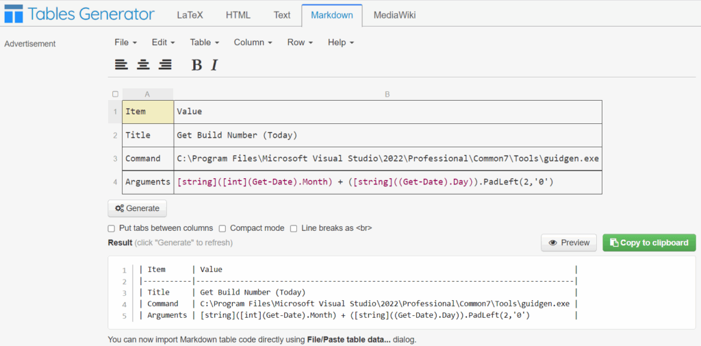 Generating Markdown Tables