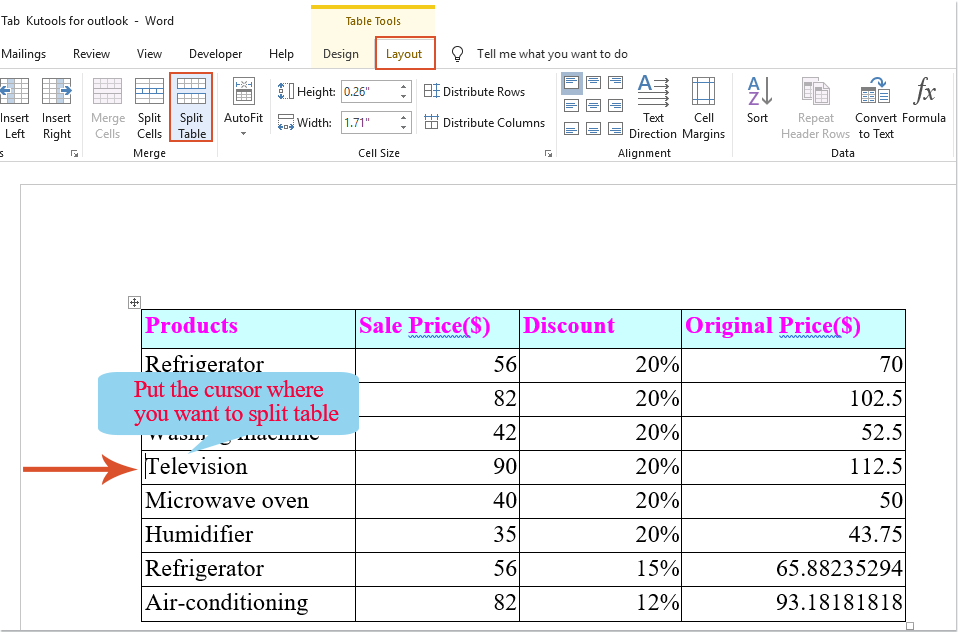 How To Split Table Horizontally Or Vertically In A Word Document 