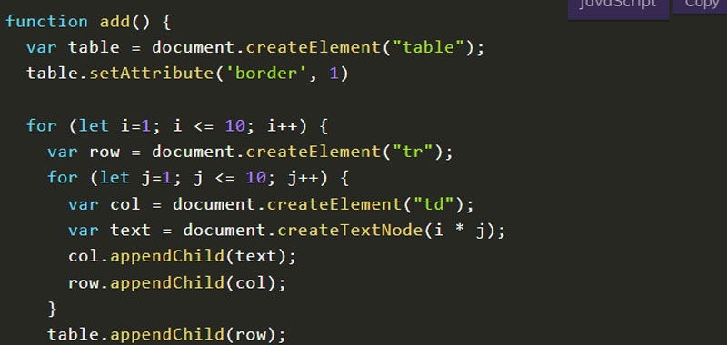 JavaScript Multiplication Table Double For Loops JS