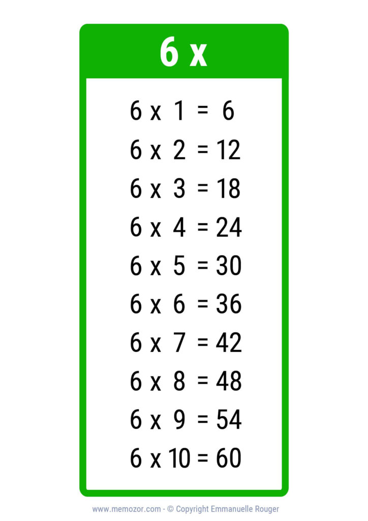 Jolie Table De 6 Imprimer PDF plusieurs Coloris Memozor
