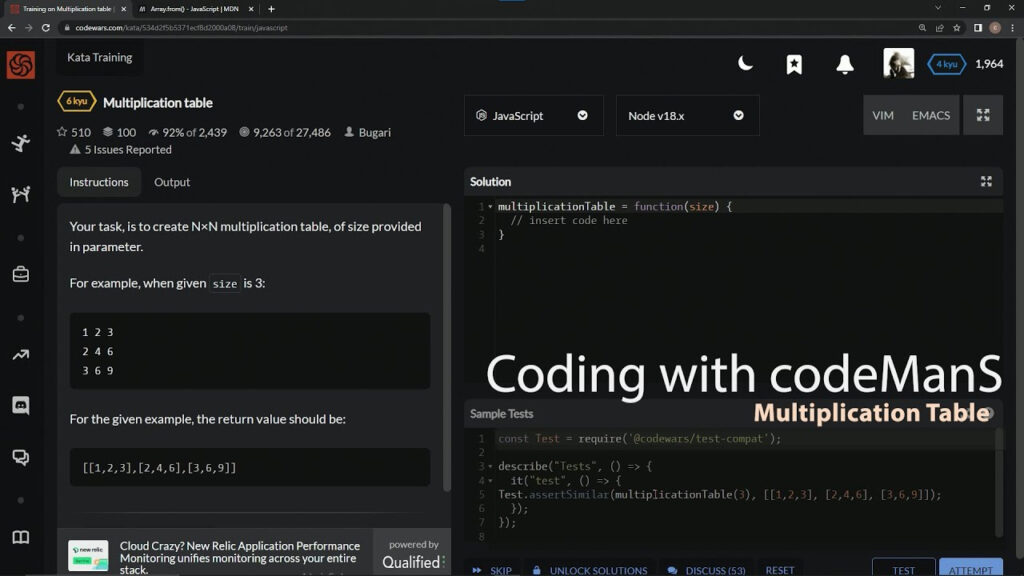 Learn JavaScript Codewars 6 Kyu Season 2 Multiplication Table YouTube