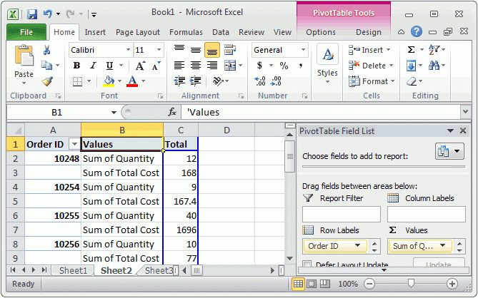 MS Excel 2010 Display The Fields In The Values Section In Multiple 