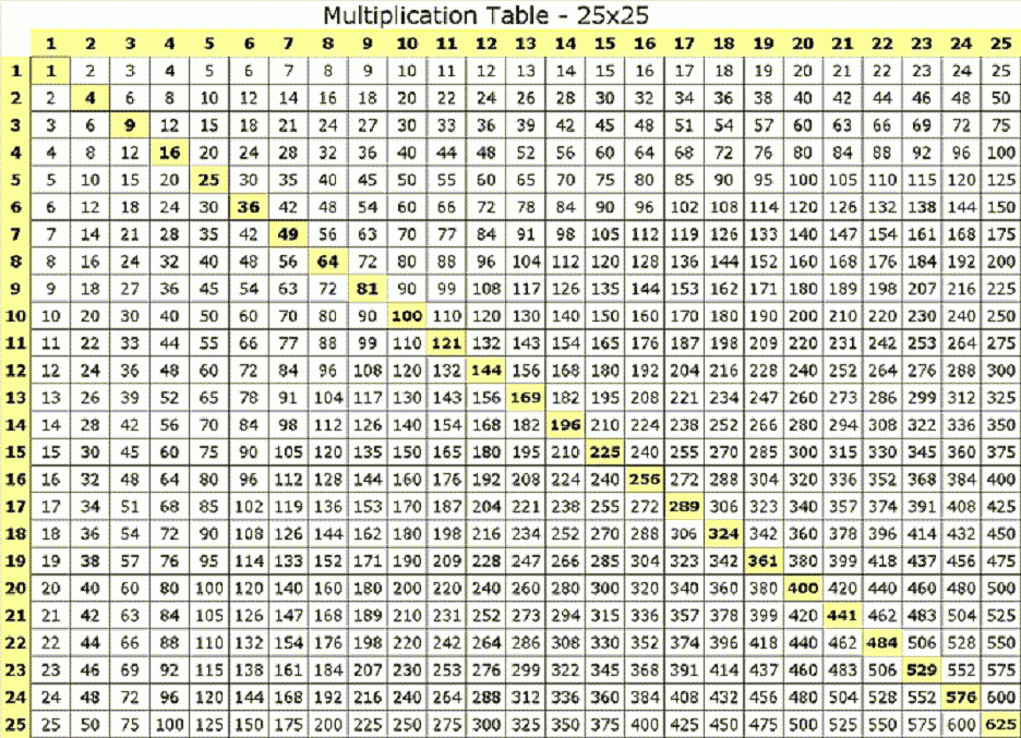 Multiplication Table 25 25 Multiplication Chart Printable
