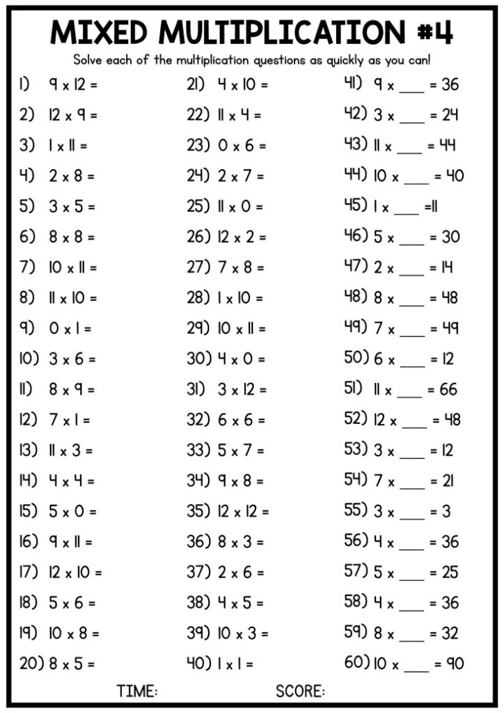Multiplication Table Practice Worksheets