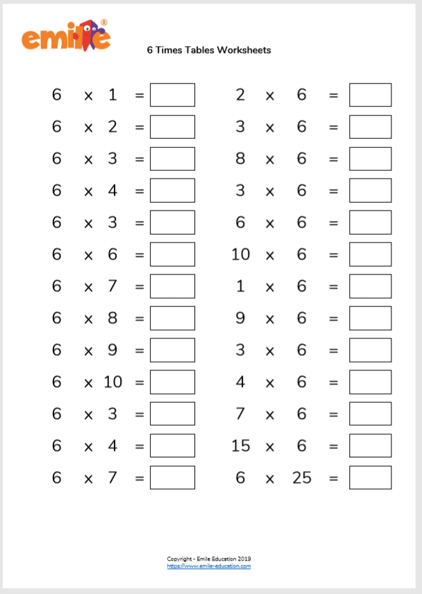 Multiplication Worksheet 6 Times Tables