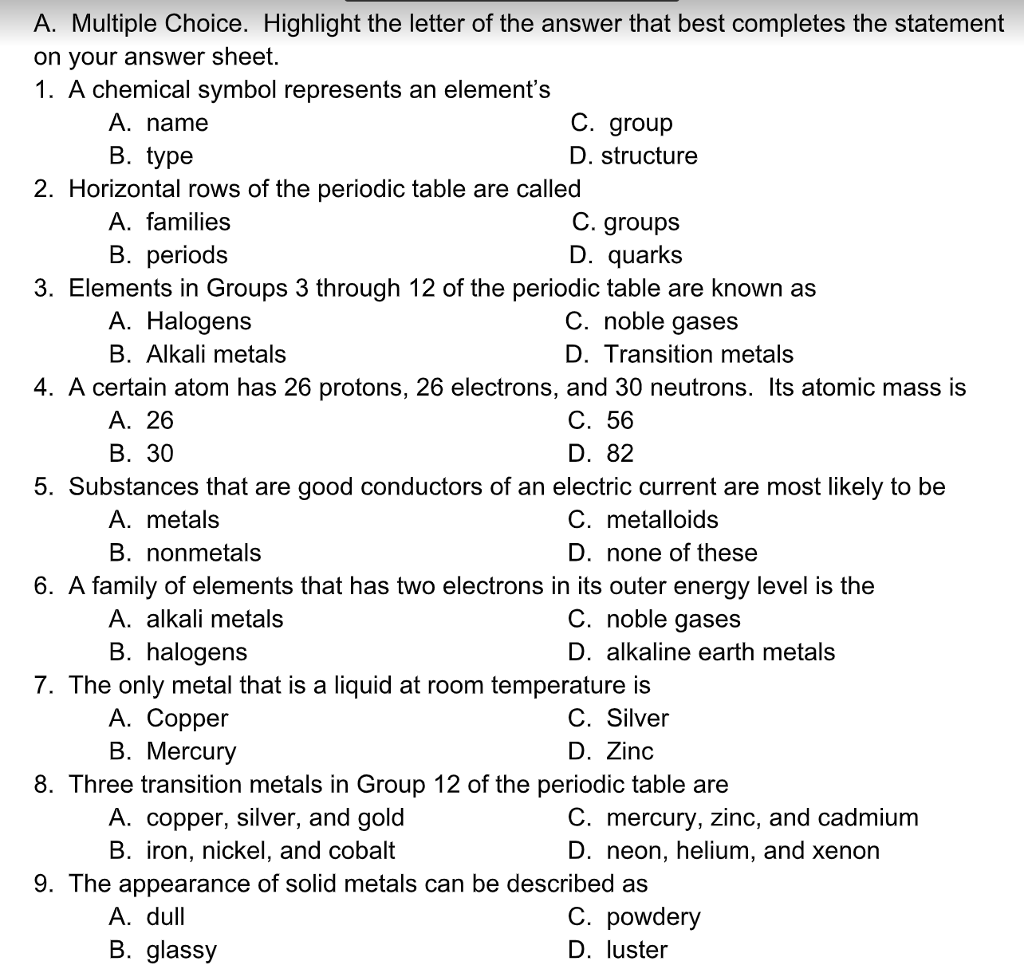 Periodic Table Multiple Choice Test Questions Cabinets Matttroy