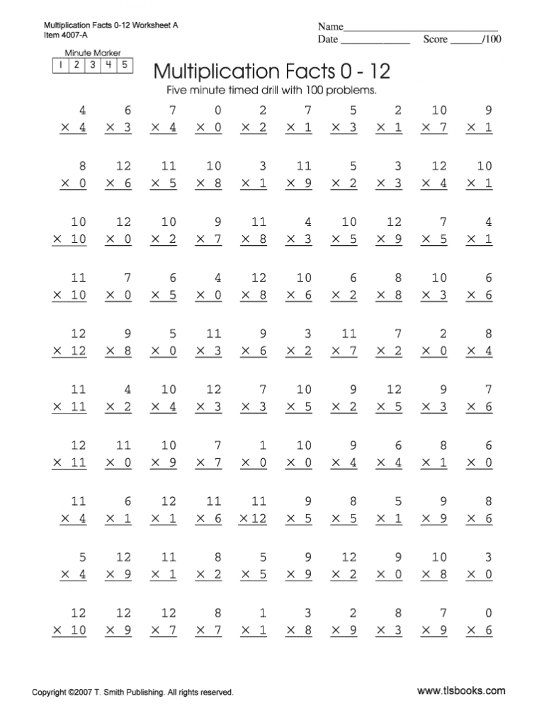 Printable Multiplication Speed Drills Times Tables Worksheets