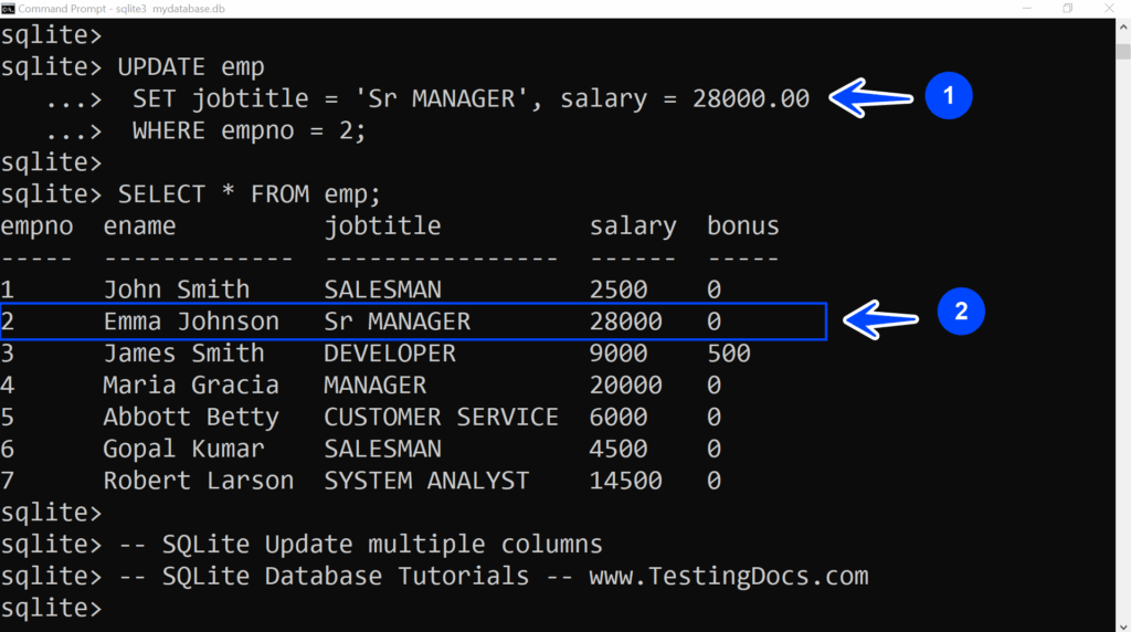 SQLite UPDATE Statement TestingDocs