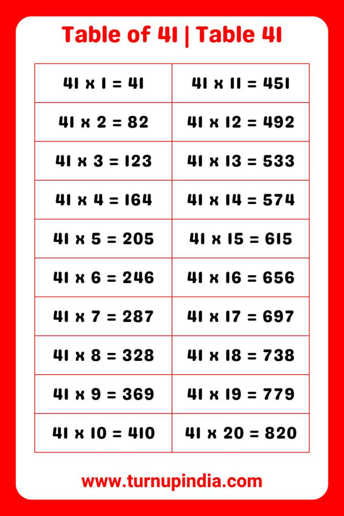 Table Of 41 Table 41 Multiplication Till 100 Turn Up India